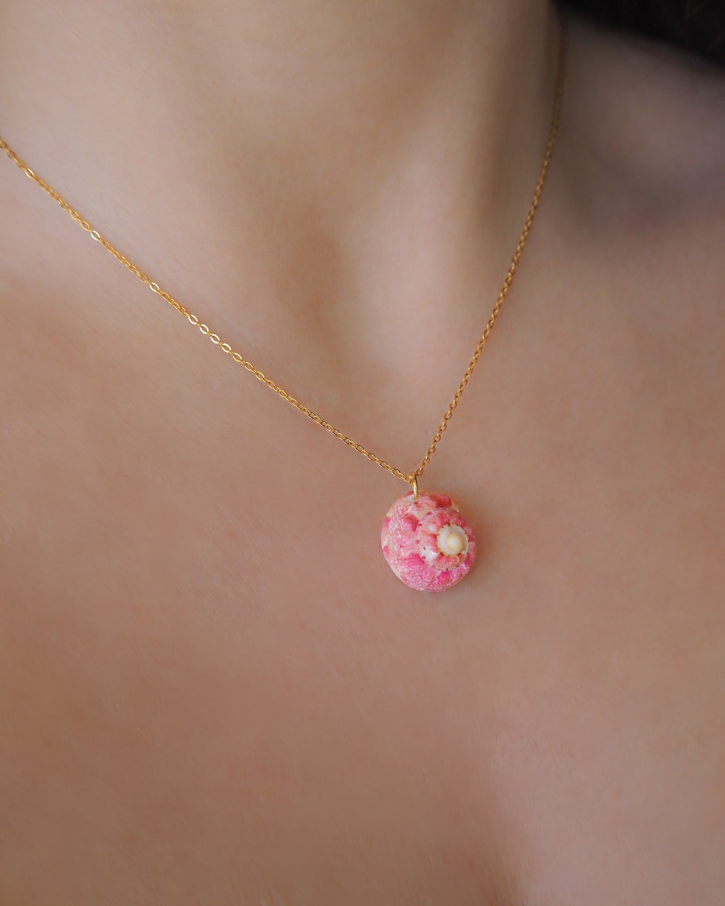 Pink Shell Gold Necklace on neck model