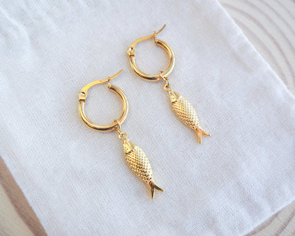 Close-up of Sardine Fish Earrings Gold Stainless Steel, Coastal Earrings, Portugal Sardine Jewelry, Portuguese Fish gold 