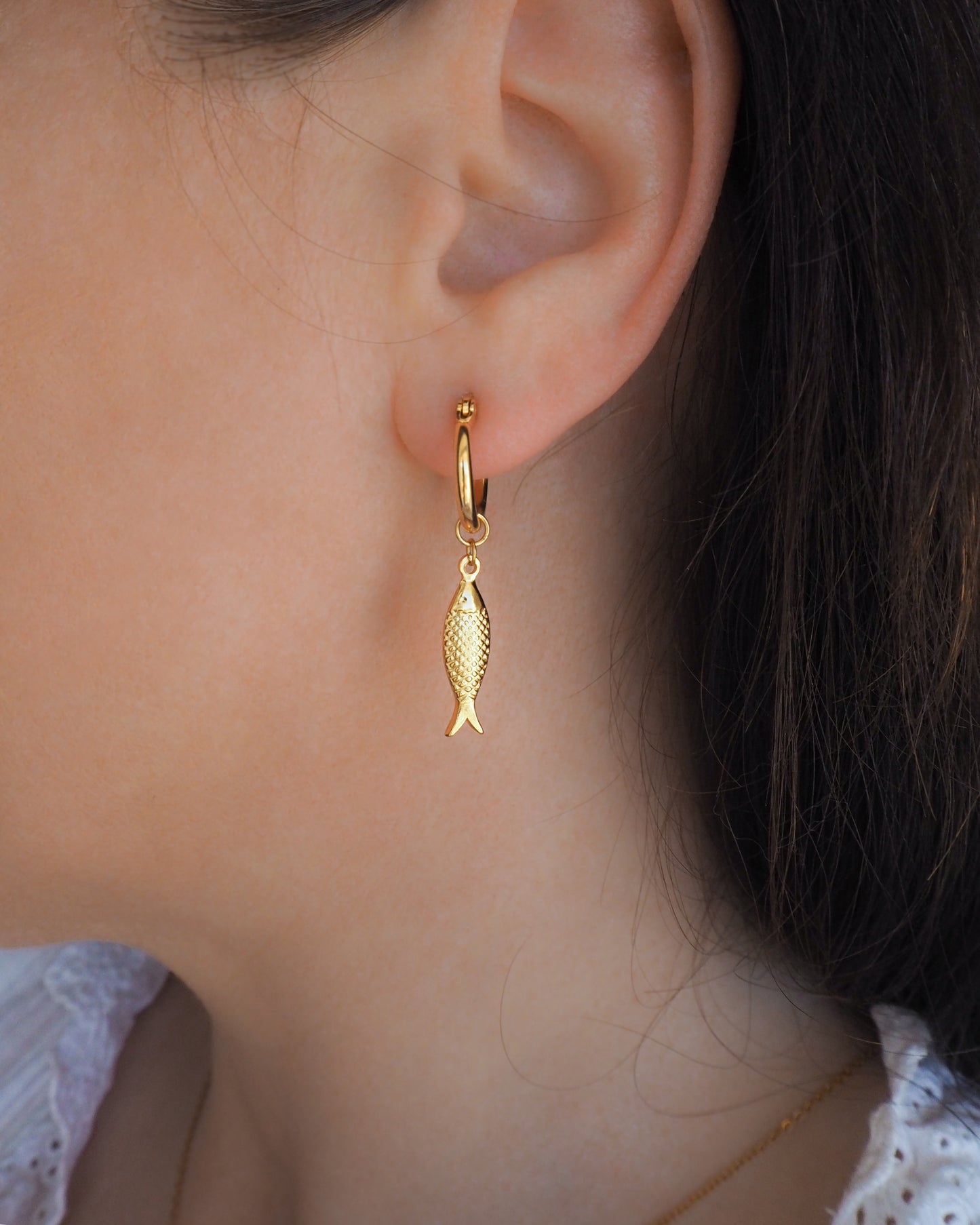 Gold Sardine Fish Earrings from Portugal, seabylou, Sea by Lou, Fish earrings in ear model