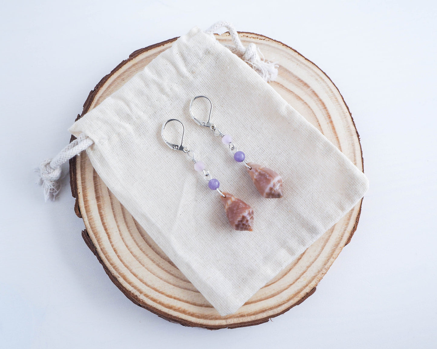 Unique Handmade Earrings - Cone Shell Design with Gemstone amethyst rose quartz