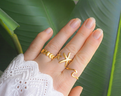 Gold Shell Ring, Starfish Ring, Wave Ring on model