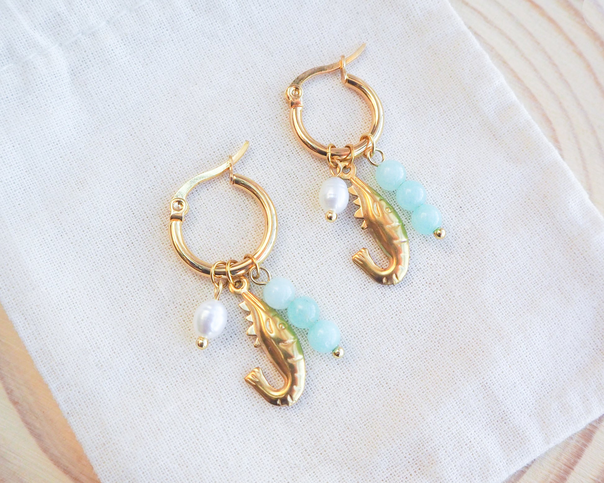 Shrimp Trio Jade Gold Earrings, Shrimp Huggies with freshwater pearls and gemstone beads