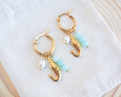 Shrimp Trio Jade Gold Earrings, Shrimp Huggies with freshwater pearls and gemstone beads