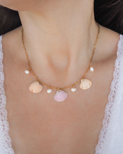 Venus Shell Pearl Charm Necklace on model