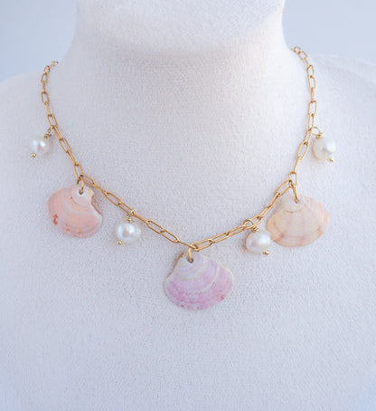 Venus Shell Pearl Charm Necklace on neck